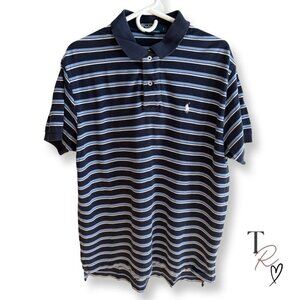 Polo by Ralph Lauren Striped Polo Shirt Navy Blue + Light Blue Size Large